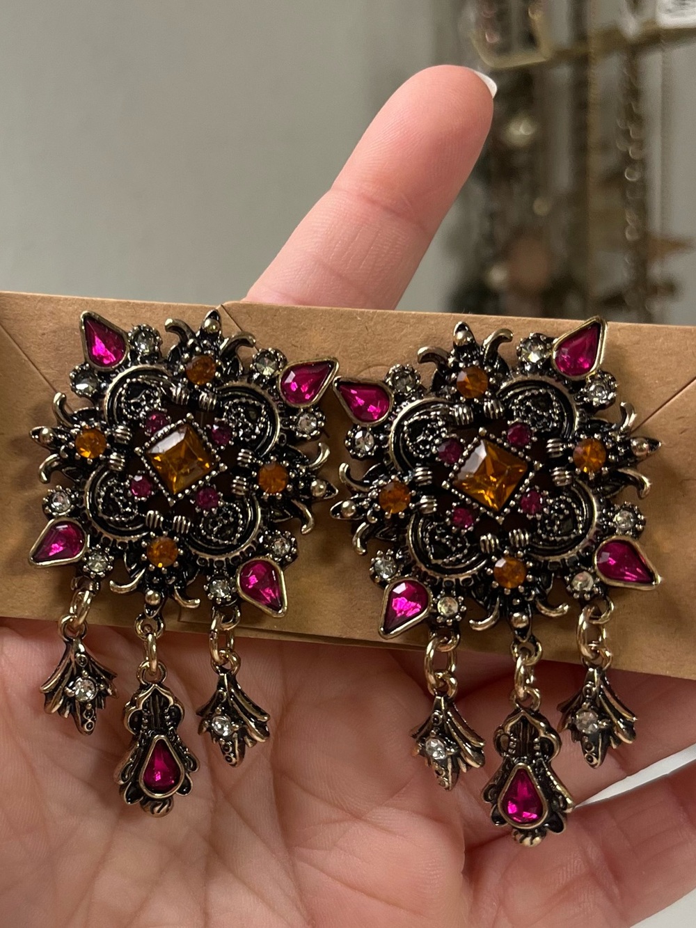 Antique Inspired Oxidized Silver Tone Pink Amber Crystal Earrings